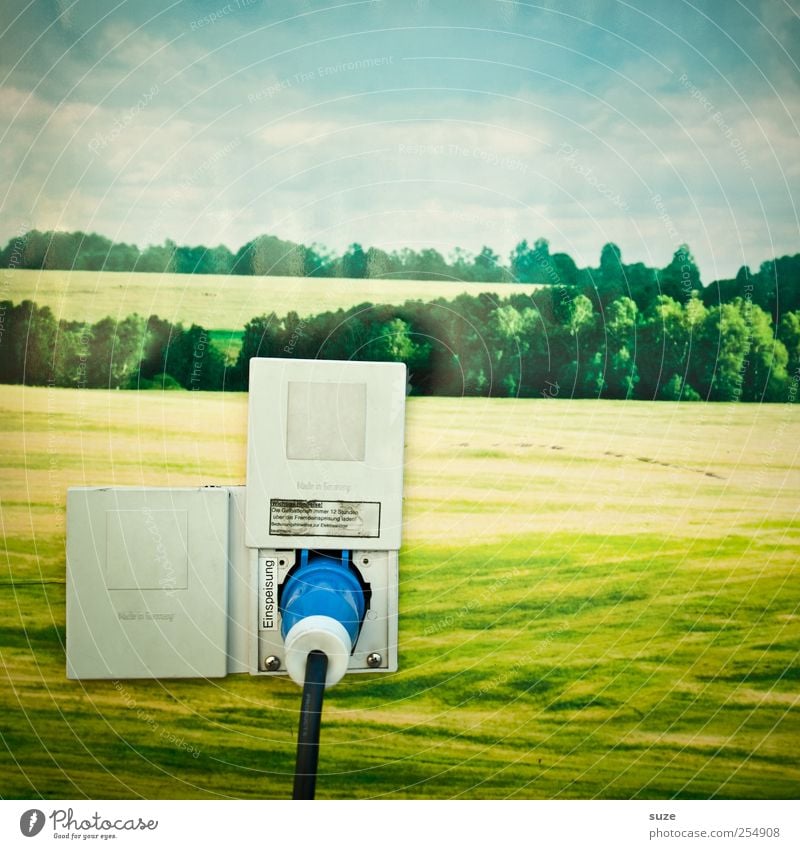 green electricity Energy industry Cable Renewable energy Environment Nature Landscape Sky Clouds Climate Climate change Meadow Funny Green Electricity