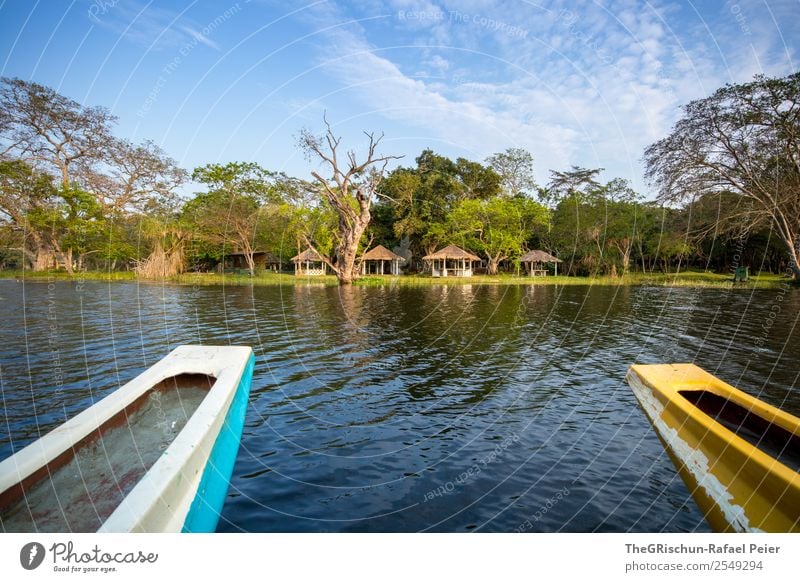 boat trip Nature Blue Yellow Gray Green Sri Lanka Lake Boating trip Watercraft Calm Vantage point Refrigeration Hut Tree To enjoy Peaceful Vacation & Travel