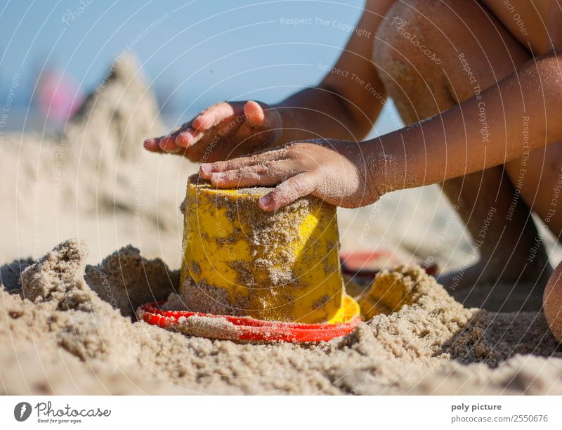 Child makes sand cake with bucket shape Vacation & Travel Tourism Summer Summer vacation Sun Sunbathing Beach Toddler Girl Boy (child) Infancy
