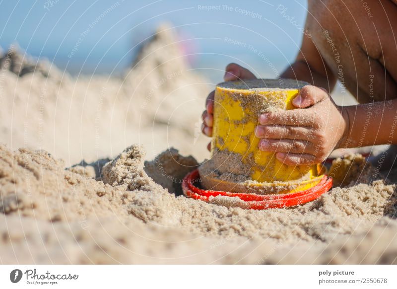 Small child plays with bucket on the beach Vacation & Travel Tourism Freedom Summer Summer vacation Sun Sunbathing Beach Ocean Child Girl Boy (child) Infancy
