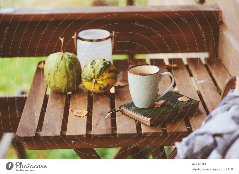 cozy autumn morning at country house Tea Lifestyle Relaxation Garden Decoration Table Autumn Warmth Leaf Wood Dream Hot Modern Safety (feeling of) Comfortable