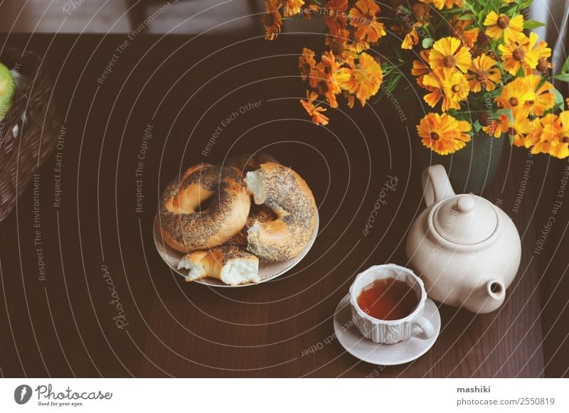 cozy autumn breakfast on table in country house Breakfast Beverage Tea Pot Lifestyle Relaxation Decoration Table Autumn Warmth Leaf Forest Brown