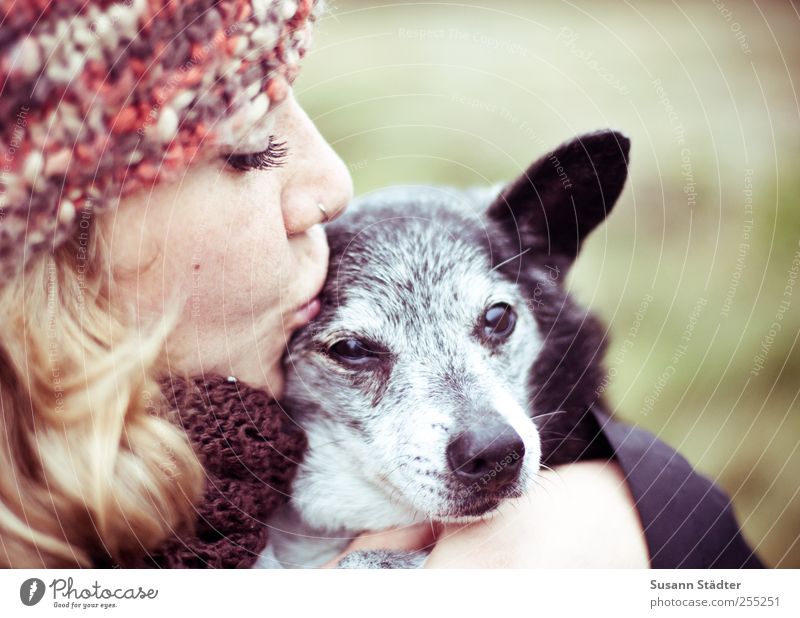 i know you so well Young woman Youth (Young adults) Pet Dog To enjoy Together Near Love Love of animals Friendship Woolen hat Dog's snout Old Embrace