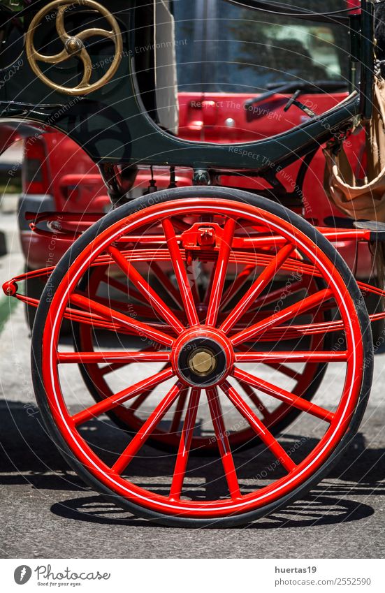 Typical car Spanish horses Transport Car Animal Horse Old Friendliness Happiness Red Carriage Characteristic Spain Mijas Malaga Andalucia wheel wood Classic