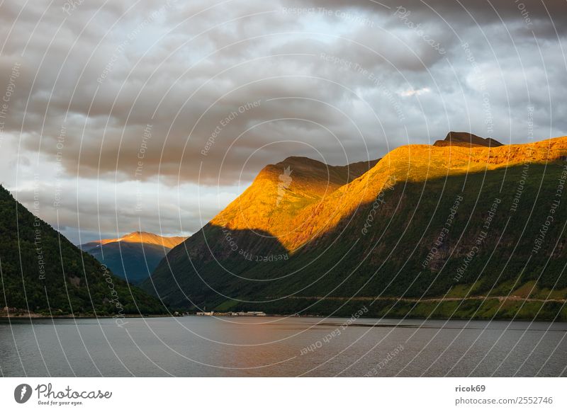 View of the Storfjord in Norway in the evening Relaxation Vacation & Travel Tourism Mountain Nature Landscape Water Clouds Rock Fjord Tourist Attraction Idyll