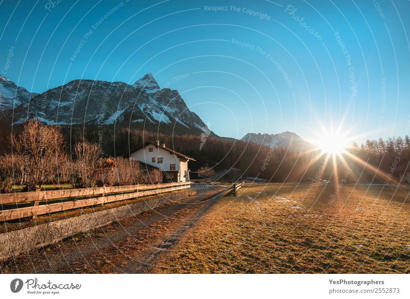Winter sunshine over Austrian Alps and village Vacation & Travel Mountain Nature Landscape Ehrwald Village Tourist Attraction Multicoloured Afternoon Alpine