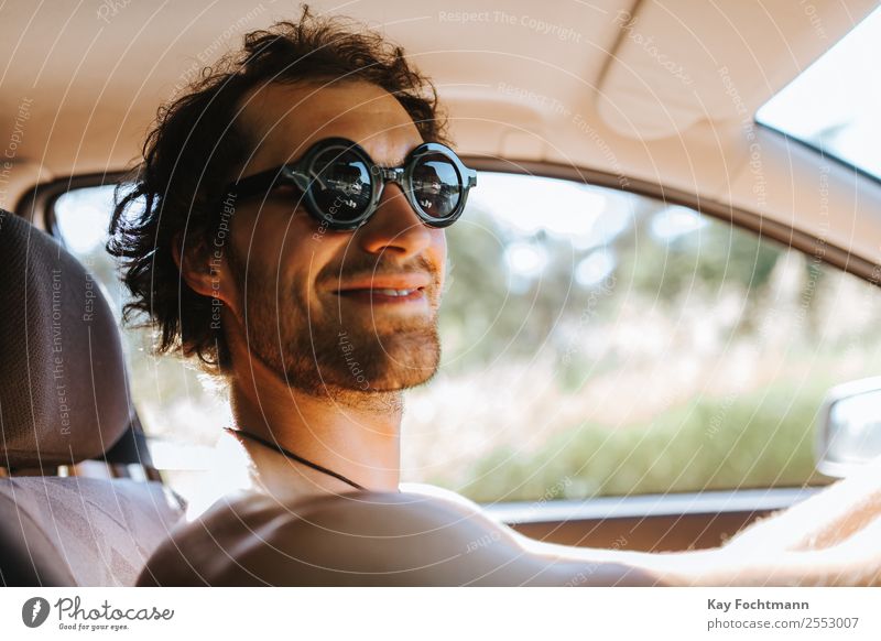 Smiling man with sunglasses at the wheel of his car Lifestyle Joy Leisure and hobbies Vacation & Travel Tourism Trip Freedom Summer Summer vacation Young man