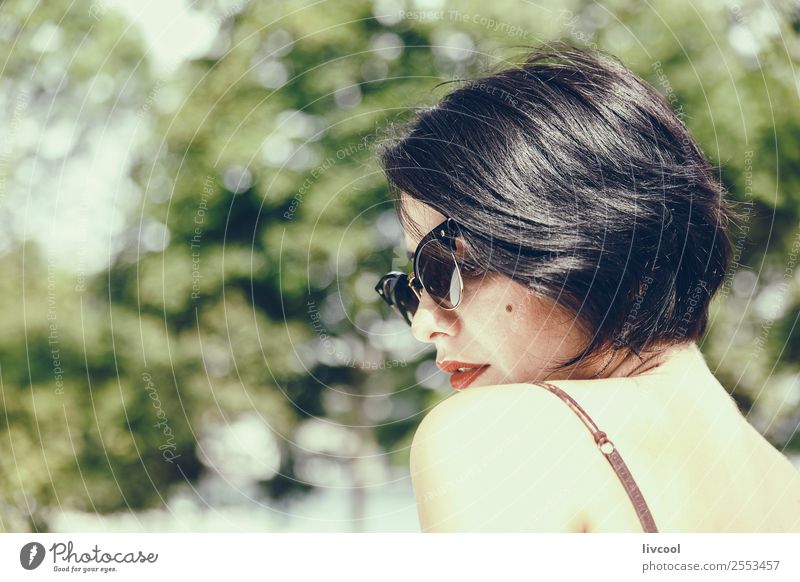 lady with sunglasses Lifestyle Elegant Style Beautiful Face Summer Garden Human being Feminine Woman Adults Head 1 18 - 30 years Youth (Young adults) Nature