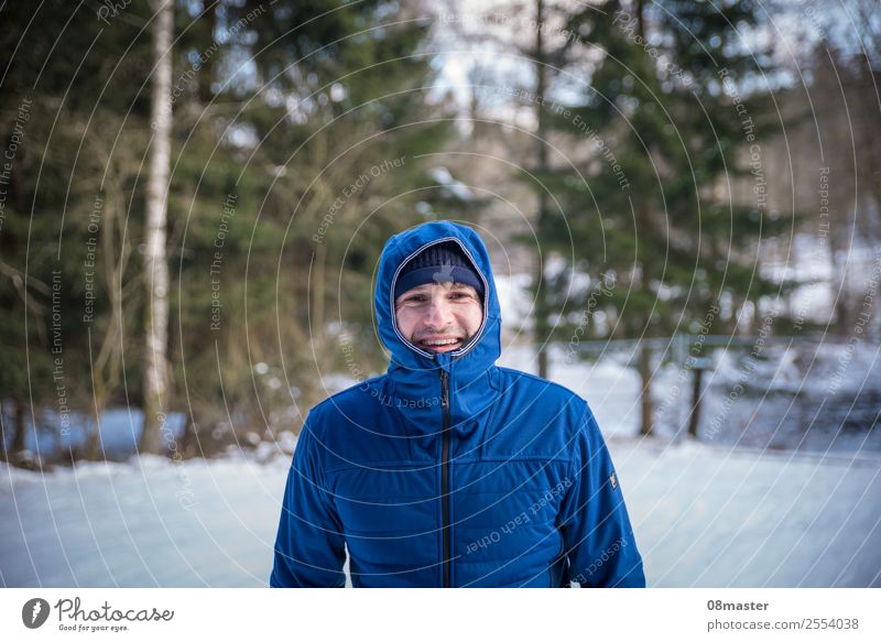 Fun in the snow Human being Masculine Man Adults Face 1 30 - 45 years Nature Winter Beautiful weather Tree Forest Smiling Hiking Happiness Thin Blue Emotions
