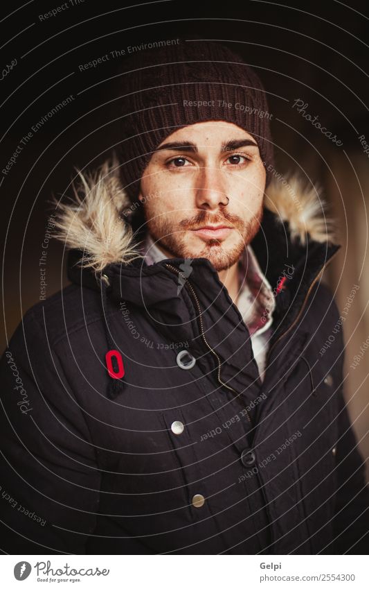 Portrait of attractive guy Lifestyle Style House (Residential Structure) Human being Boy (child) Man Adults Warmth Fashion Coat Piercing Hat Beard Old