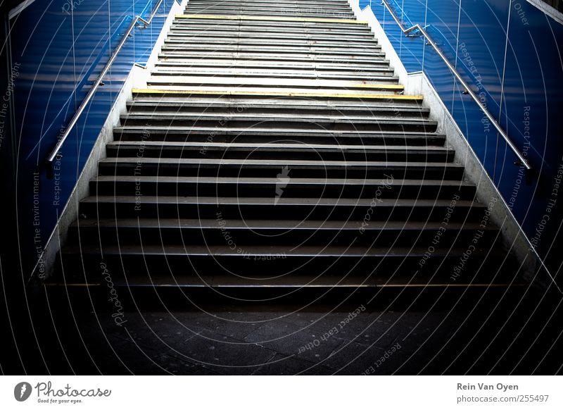 Stairs Train station Blue Gray Emotions Moody Escalator Repeating Pattern Abstract Perspective Handrail Underground Colour photo Interior shot Deserted
