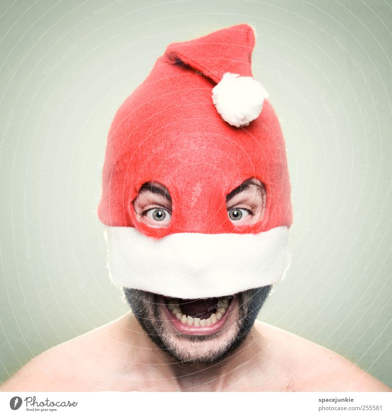 Merry Christmas! Human being Masculine Man Adults Head 1 30 - 45 years Scream Creepy Crazy Red White Surprise Anger Joy Cap Whimsical bank robber Eyes