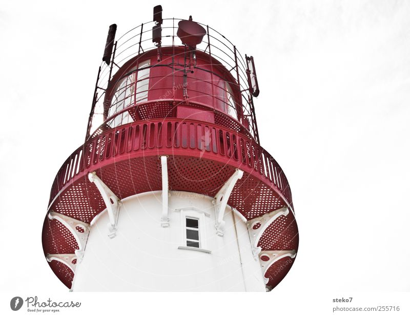 Little Red Riding Hood Lighthouse Facade Window Roof White Metal Handrail Antenna Subdued colour Exterior shot Deserted Copy Space right Upward