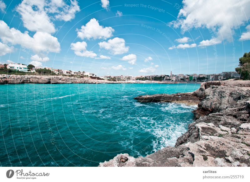 Postcard from Porto Christo Elements Air Water Sky Clouds Summer Beautiful weather Waves Coast Bay Esthetic Mediterranean sea Rock Cliff Turquoise Blue White