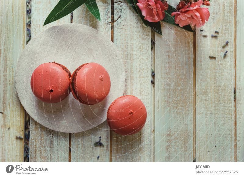 Pink macaroons on wood table and natural flowers Food Dairy Products Dessert Coffee Table Wood Delicious Colour Tradition Macaron background Peach Teatime