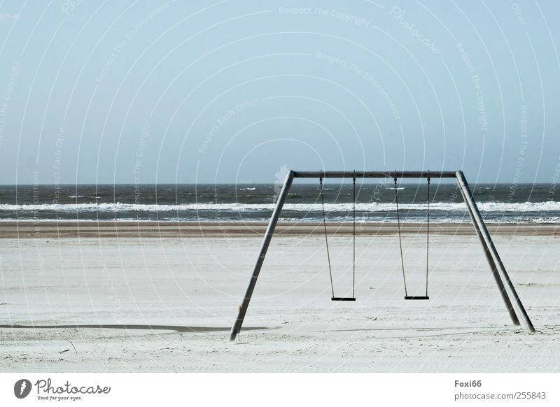 Spiekeroog *Beach Swing II* Environment Sand Water Sky Cloudless sky Wind Coast North Sea Deserted Metal Movement Hang Playing Free Fresh Blue Gray White Calm
