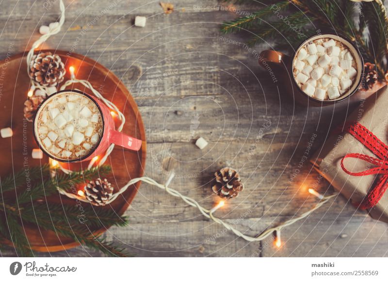 top view of hot cocoa with marshmallows Dessert Hot Chocolate Coffee Winter Decoration Table New Year's Eve Couple Warmth Wood Safety (feeling of) Tradition