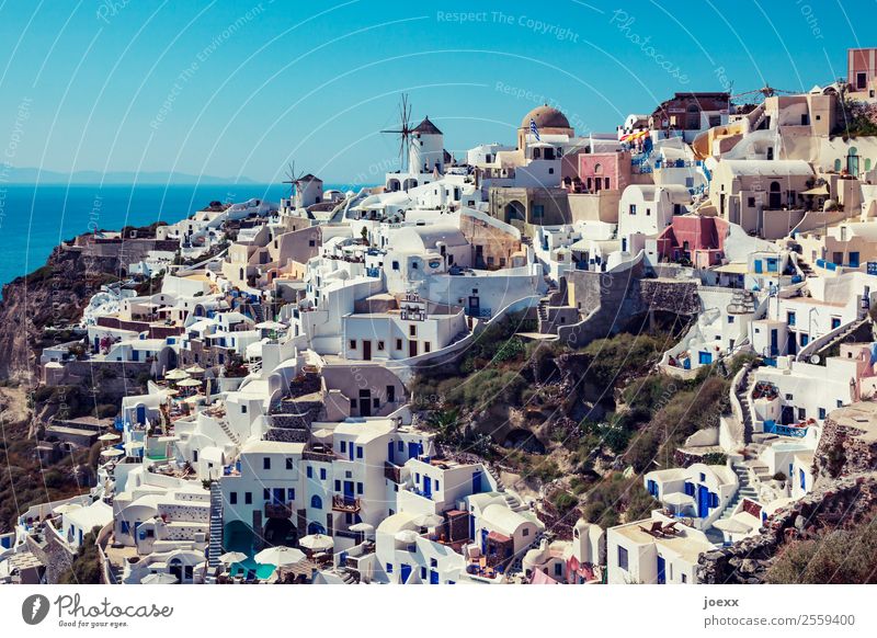 View over the white houses in Oia, Santorini, by day, with old windmills coast Summer Windmill Beautiful weather Vacation & Travel Exterior shot Colour photo