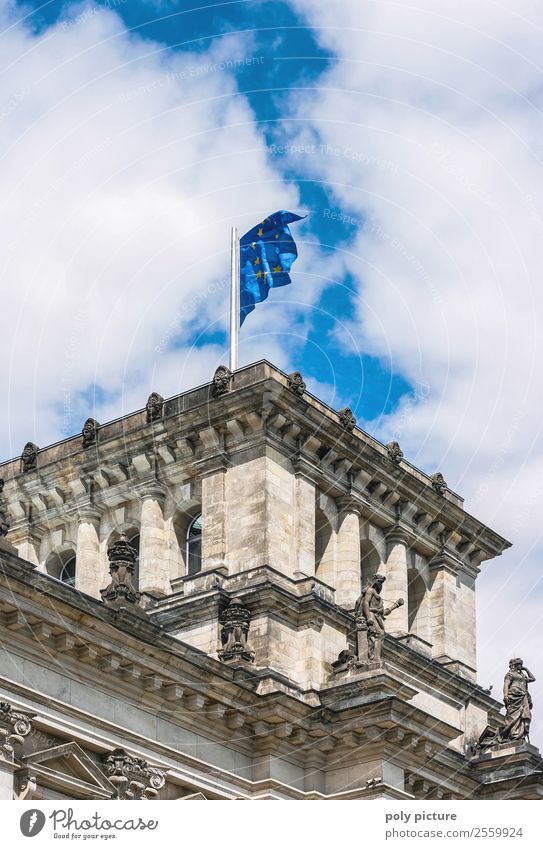 European flag at the Bundestag Sky Clouds Weather Beautiful weather Berlin Town Capital city Downtown Old town Manmade structures Building Architecture