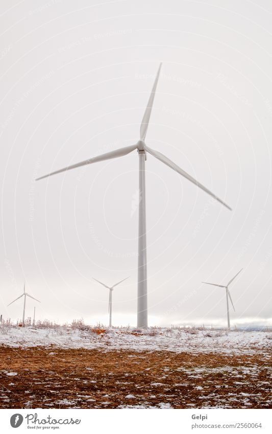 Snowy wind park with many high windmills Winter Industry Technology Wind energy plant Environment Nature Landscape Plant Sky Climate Sustainability Blue Green