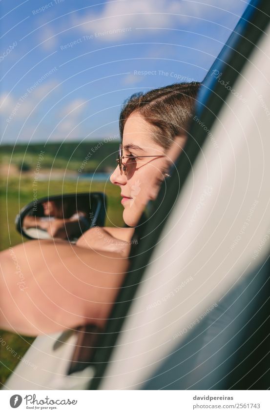 Girl leaning on window of the car Lifestyle Happy Beautiful Face Relaxation Calm Vacation & Travel Trip Summer Child Human being Woman Adults Arm Transport