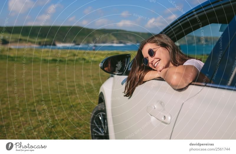 Girl leaning on window of the car Lifestyle Happy Beautiful Face Relaxation Calm Vacation & Travel Trip Summer Human being Woman Adults Arm Coast Transport