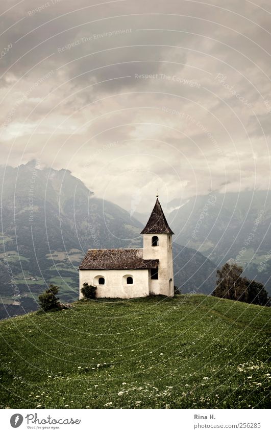 Church on hill Nature Landscape Clouds Storm clouds Summer Climate Bad weather Meadow Hill Mountain Meran Tourist Attraction Old Dark Historic Green