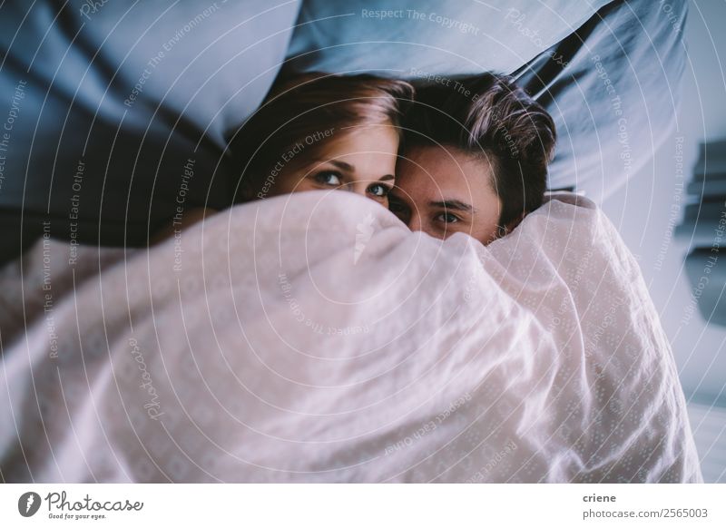 young couple cuddling under blanket in bed Lifestyle Happy Bedroom Human being Woman Adults Man Couple Smiling Love Sleep Happiness Together Under Romance