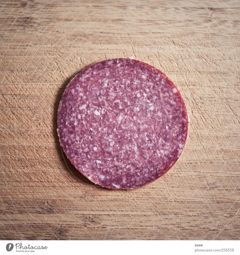 To the Verwursten Food Sausage Salami Nutrition Wood Authentic Exceptional Fresh Delicious Funny Round Brown Red Wooden board Sense of taste Tasty