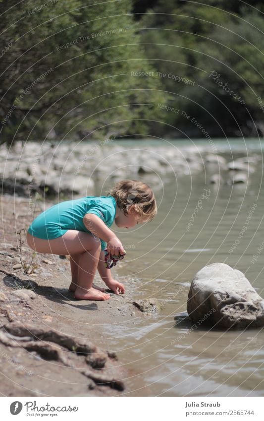 shore river girl play Feminine Girl 1 Human being 1 - 3 years Toddler Nature Earth Water Summer Beautiful weather Bushes Rock Canyon Gorges du Verdon River bank