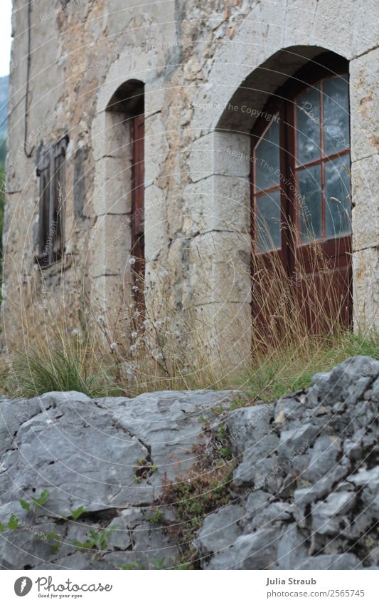 Stone House Door Summer Grass Southern France Deserted House (Residential Structure) Wall (barrier) Wall (building) Window Brown Gray Loneliness Rock arch