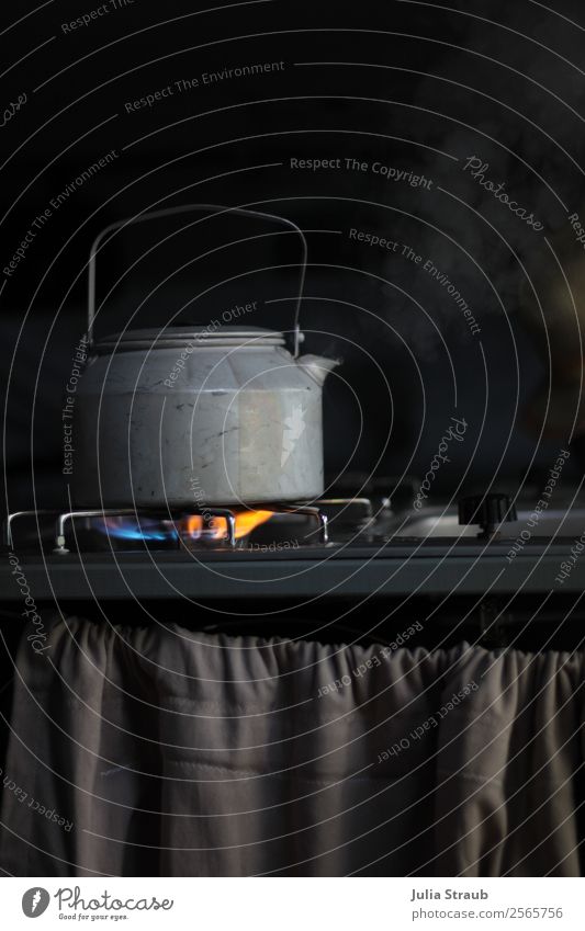 Steam Boiler Gas Camping Slow food Hot drink Kettle Vacation & Travel Calm Serene Break Gas stove Drape Black Gray Colour photo Interior shot Day