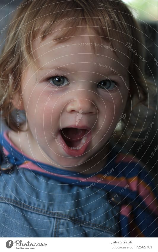 tired yawn girls Feminine Girl 1 Human being 1 - 3 years Toddler T-shirt Overalls Brunette Blonde Curl Bangs Blue Fatigue Eyes Large Beautiful Colour photo