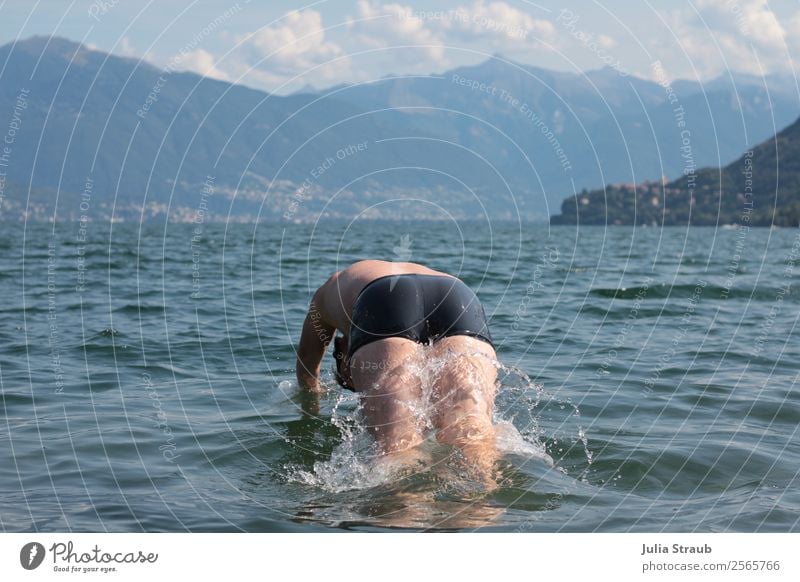 mountains lake bathing water Swimming & Bathing Landscape Water Drops of water Sky Clouds Summer Beautiful weather Mountain Lake Lago Maggiore Swimming trunks