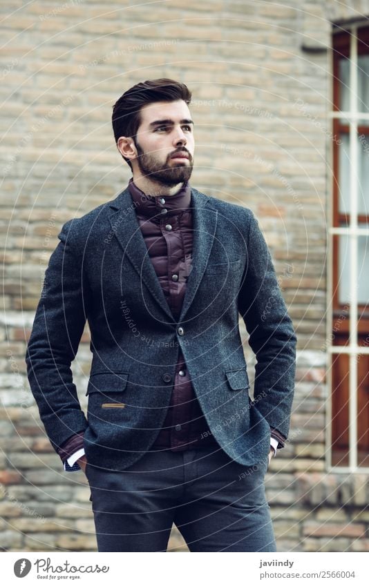 Young bearded man wearing british elegant suit outdoors Lifestyle Elegant Style Beautiful Hair and hairstyles Human being Masculine Young man