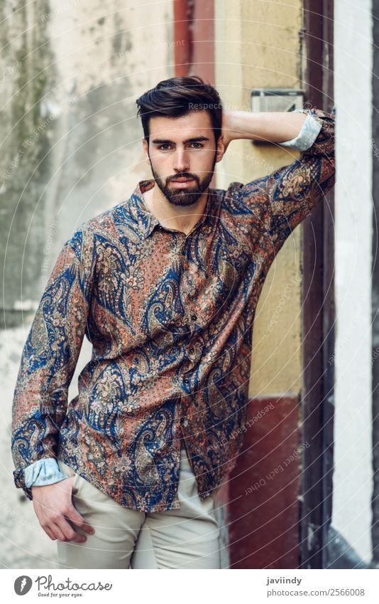 Young bearded man wearing modern shirt outdoors Lifestyle Style Beautiful Hair and hairstyles Human being Masculine Young man Youth (Young adults) Man Adults 1
