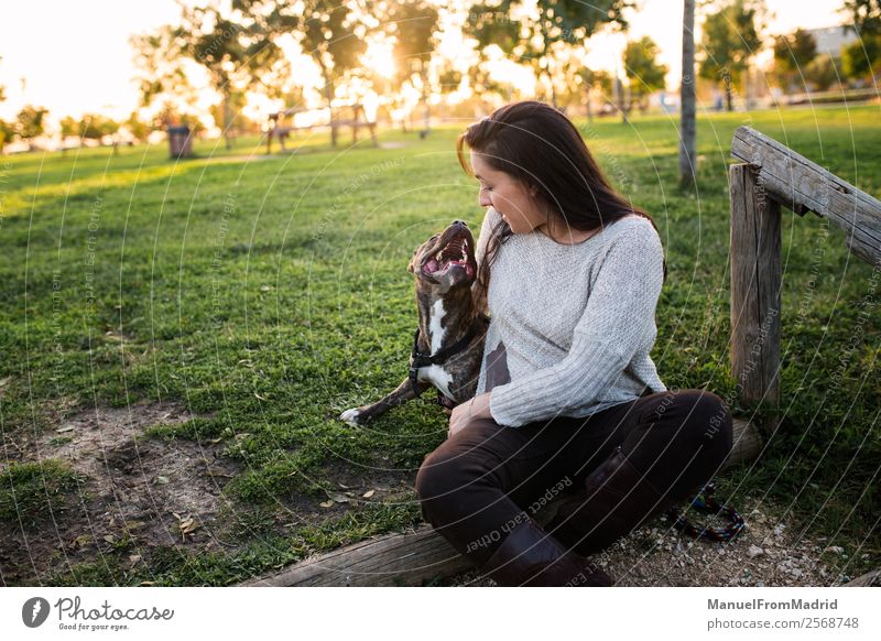 young woman with her dog at a park Lifestyle Happy Beautiful Woman Adults Friendship Nature Animal Grass Park Pet Dog Smiling Cute Green Joy Happiness