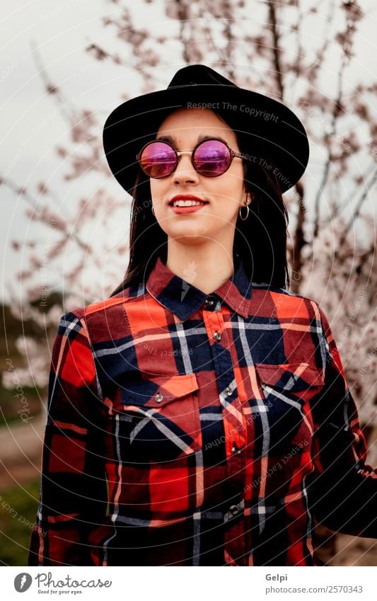 Girl Style Happy Beautiful Face Garden Human being Woman Adults Nature Tree Flower Blossom Park Fashion Sunglasses Hat Brunette Smiling Happiness Fresh Long