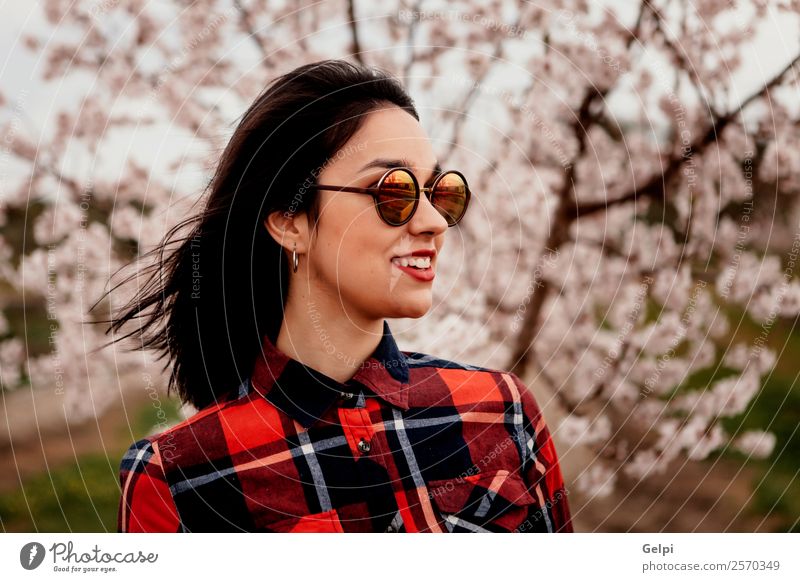 Girl Style Happy Beautiful Face Garden Human being Woman Adults Nature Tree Flower Blossom Park Fashion Sunglasses Brunette Smiling Happiness Fresh Long Natural