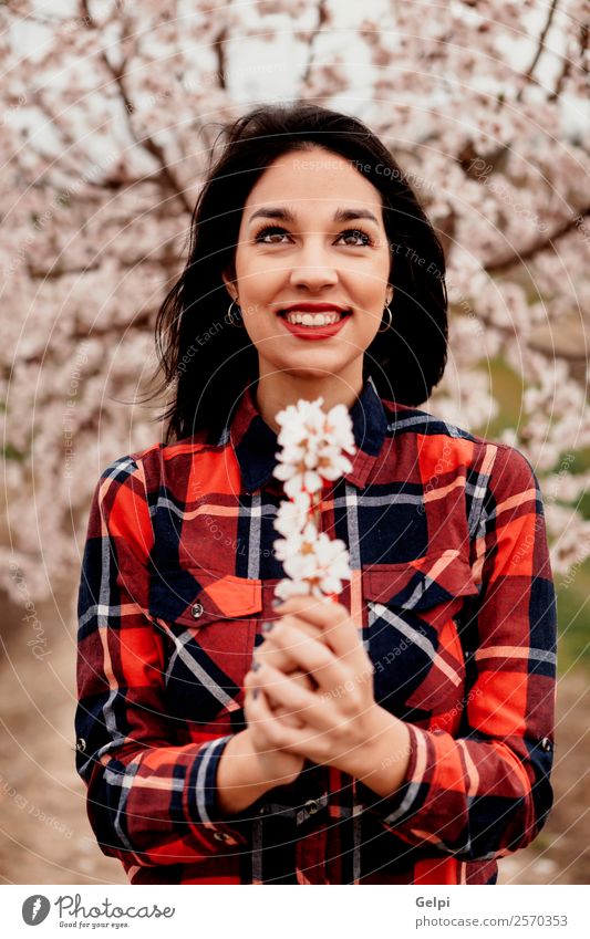 Girl Style Happy Beautiful Face Garden Human being Woman Adults Nature Tree Flower Blossom Park Fashion Brunette Smiling Happiness Fresh Natural Pink Red White