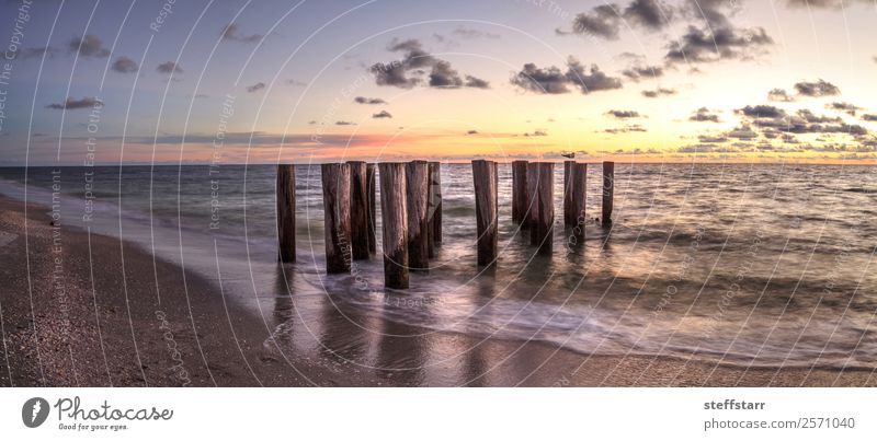 Dilapidated ruins of a pier on Port Royal Beach at sunset Ocean Waves Landscape Clouds Coast Ruin Blue Yellow Sunset Port Royal beach Dusk dilapidated calm