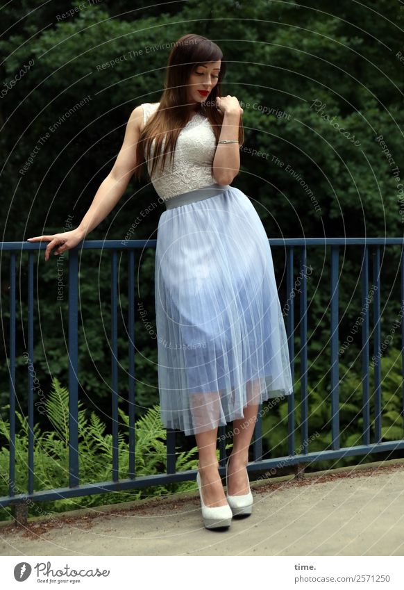 nastya Feminine Woman Adults 1 Human being Tree Fern Park Bridge Lanes & trails Fashion Dress High heels Brunette Long-haired Touch Stand Dream Elegant pretty