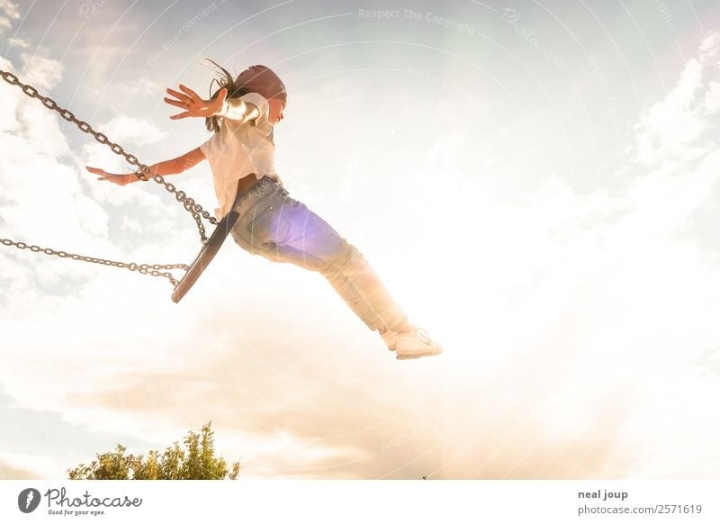 Child jumps from a swing - back light Children's game Happiness Optimism Joy To swing Feminine Girl Infancy 1 Human being 8 - 13 years Sky Summer Swing Flying