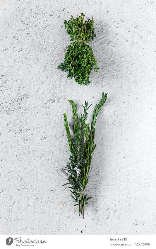 Aromatic herbs. Flat lay. Food Vegetable Herbs and spices Garden Art Plant Fresh Natural Above Sour Green aromatics flat lay Parsley Rosemary thyme Mint laurel