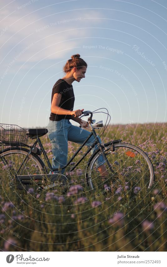 bike tour push woman bike purple flowers sky Cycling Bicycle Feminine Woman Adults 1 Human being 30 - 45 years Nature Sunlight Summer Beautiful weather Flower