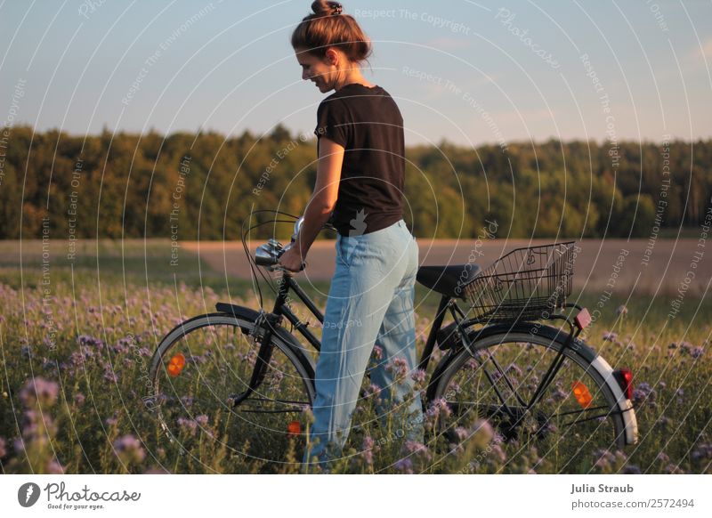 bicycle field forest woman Cycling Bicycle Feminine Woman Adults 1 Human being 30 - 45 years Sky Summer Beautiful weather Flower Grass Lavender field phazelie