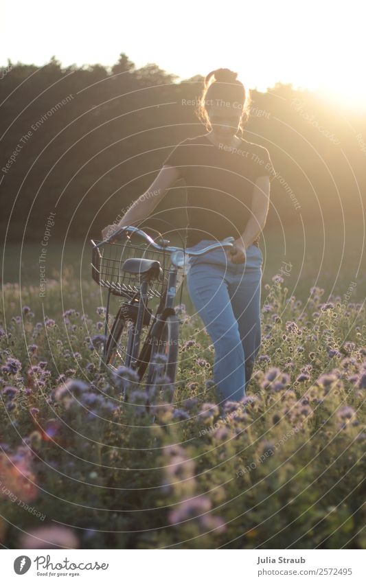 summer sun woman bicycle Trip Cycling tour Summer Feminine Woman Adults 1 Human being Nature Flower phazelie Meadow Field Forest T-shirt Jeans Brunette