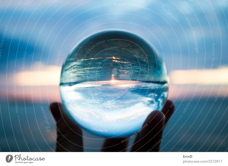 Sunset Seascape Captured in Glass Ball Beautiful Vacation & Travel Ocean Hand Environment Nature Landscape Sky Clouds Horizon Watercraft Sphere Globe Bright