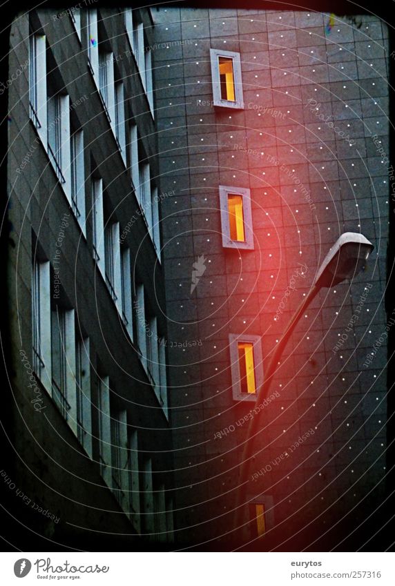 118# Town Downtown High-rise Building Facade Dark Stagnating Street lighting Colour photo Exterior shot Lomography Holga Artificial light