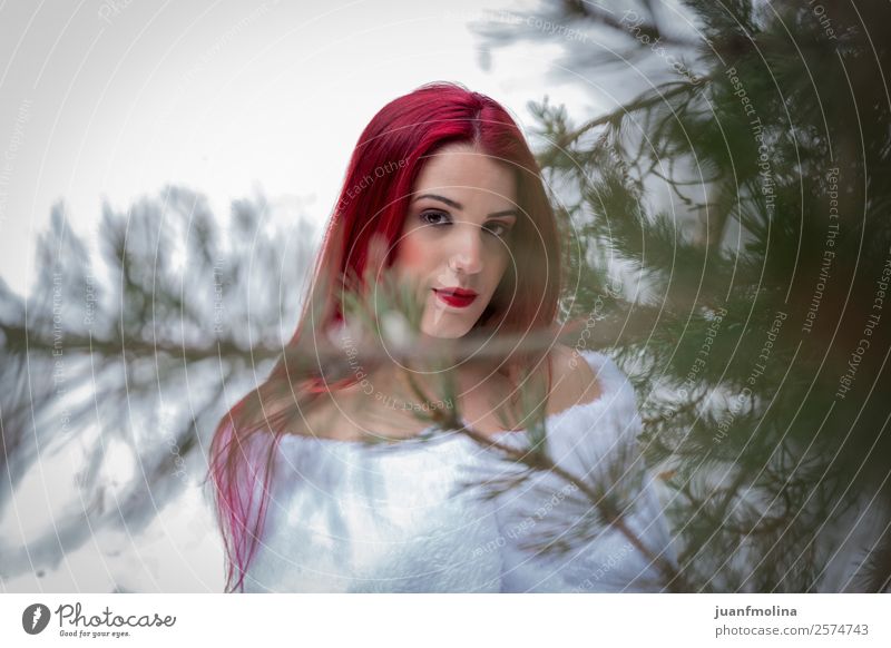 Portrait of a redhead girl in the snow Beautiful Skin Face Winter Snow Woman Adults 18 - 30 years Youth (Young adults) Nature Forest Fashion Red-haired Green